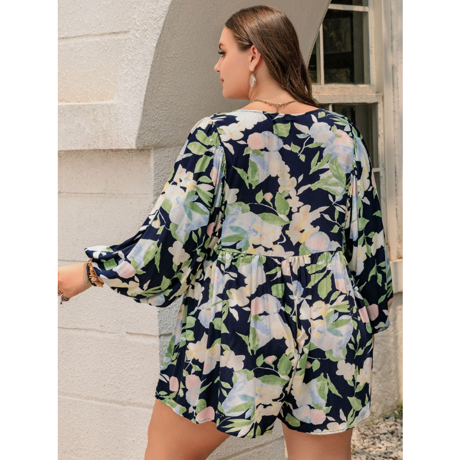 Plus Size Tied Printed Long Sleeve Romper Pastel Blue / 0XL Apparel and Accessories