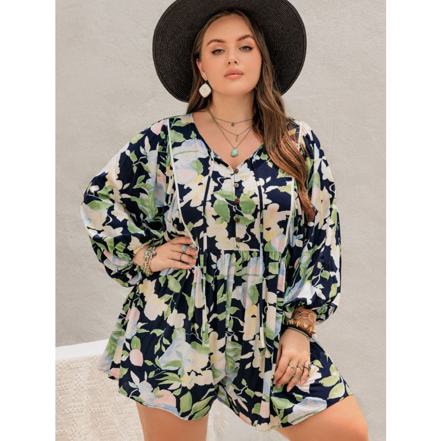Plus Size Tied Printed Long Sleeve Romper Apparel and Accessories