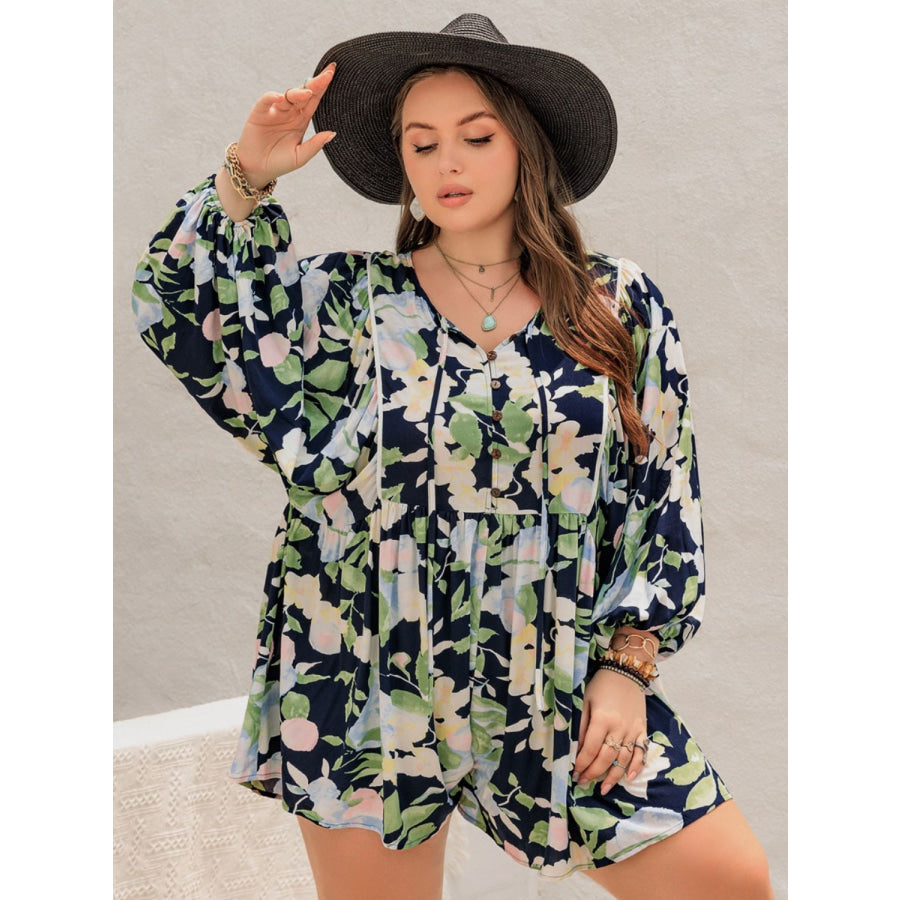 Plus Size Tied Printed Long Sleeve Romper Pastel Blue / 0XL Apparel and Accessories