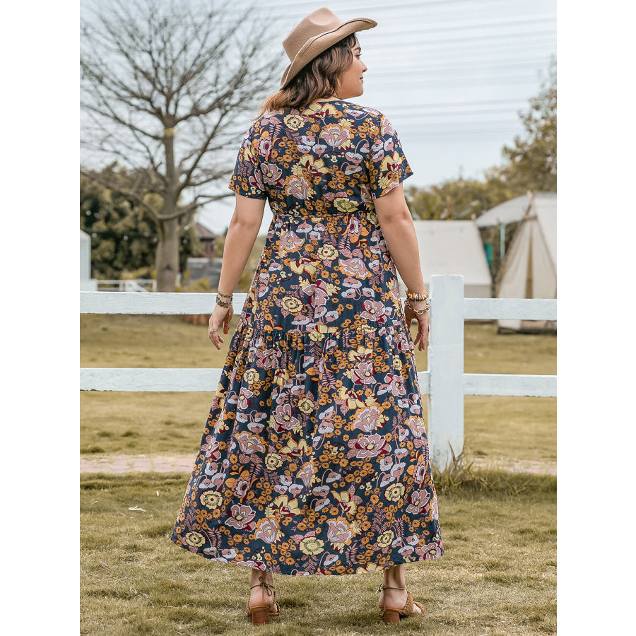 Plus Size Tied Printed Short Sleeve Midi Dress Peacock Blue / 0XL Apparel and Accessories