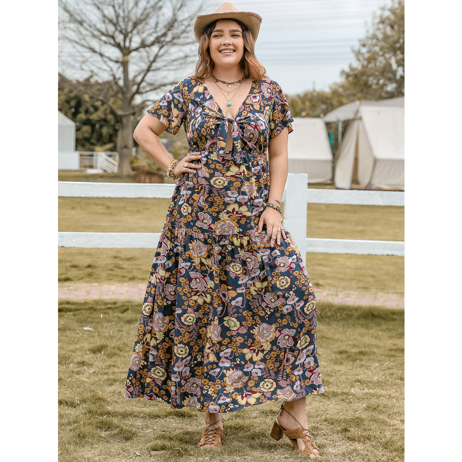 Plus Size Tied Printed Short Sleeve Midi Dress Peacock Blue / 0XL Apparel and Accessories