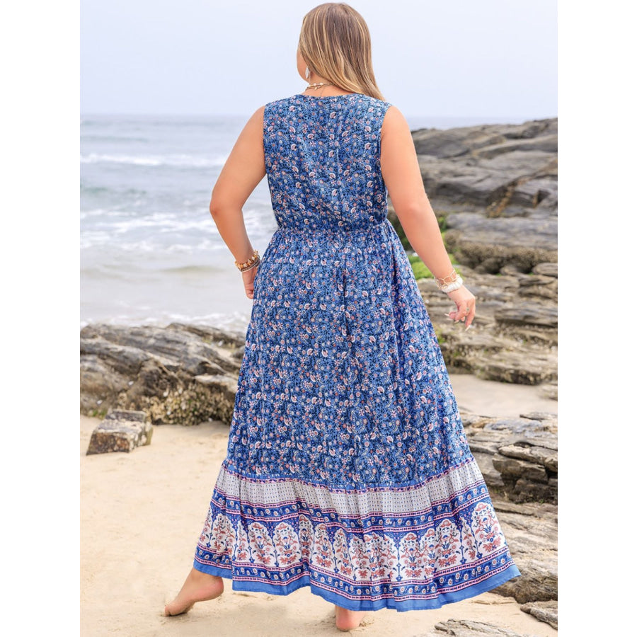 Plus Size Tied Printed Sleeveless Maxi Dress Apparel and Accessories