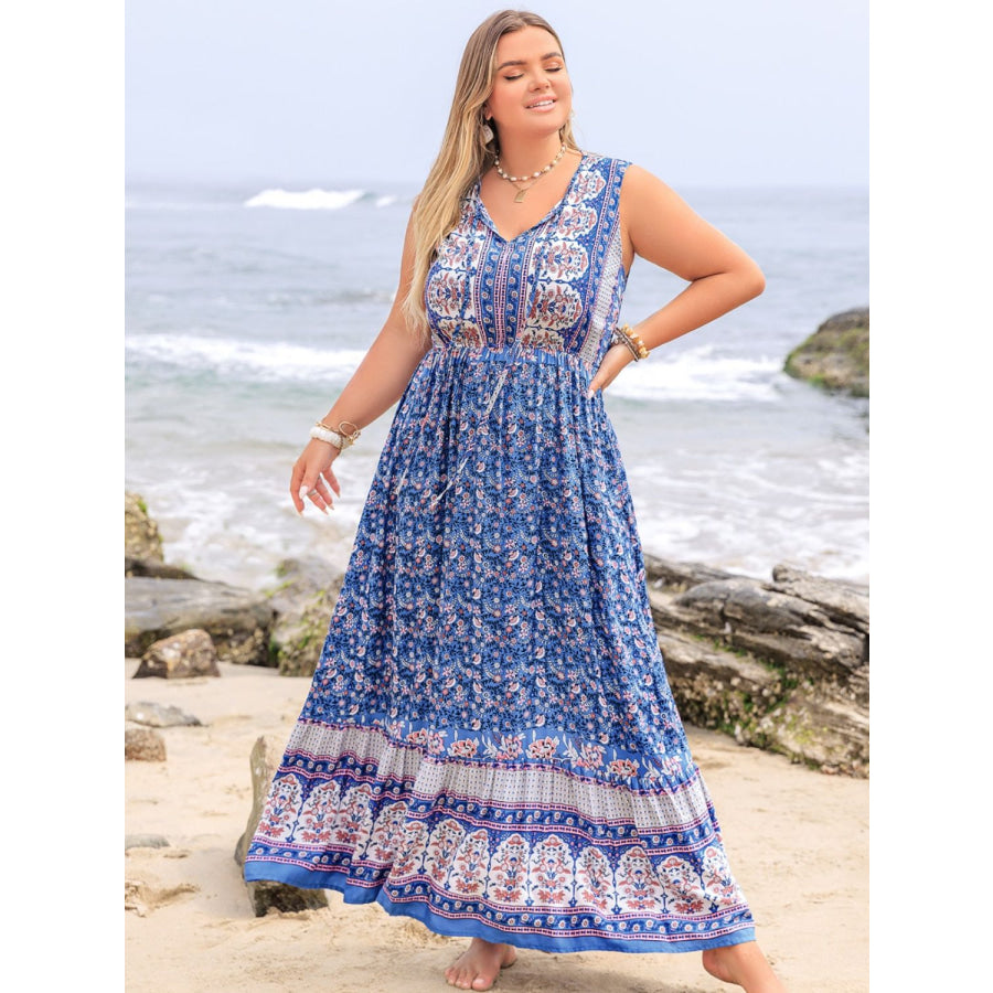 Plus Size Tied Printed Sleeveless Maxi Dress Apparel and Accessories