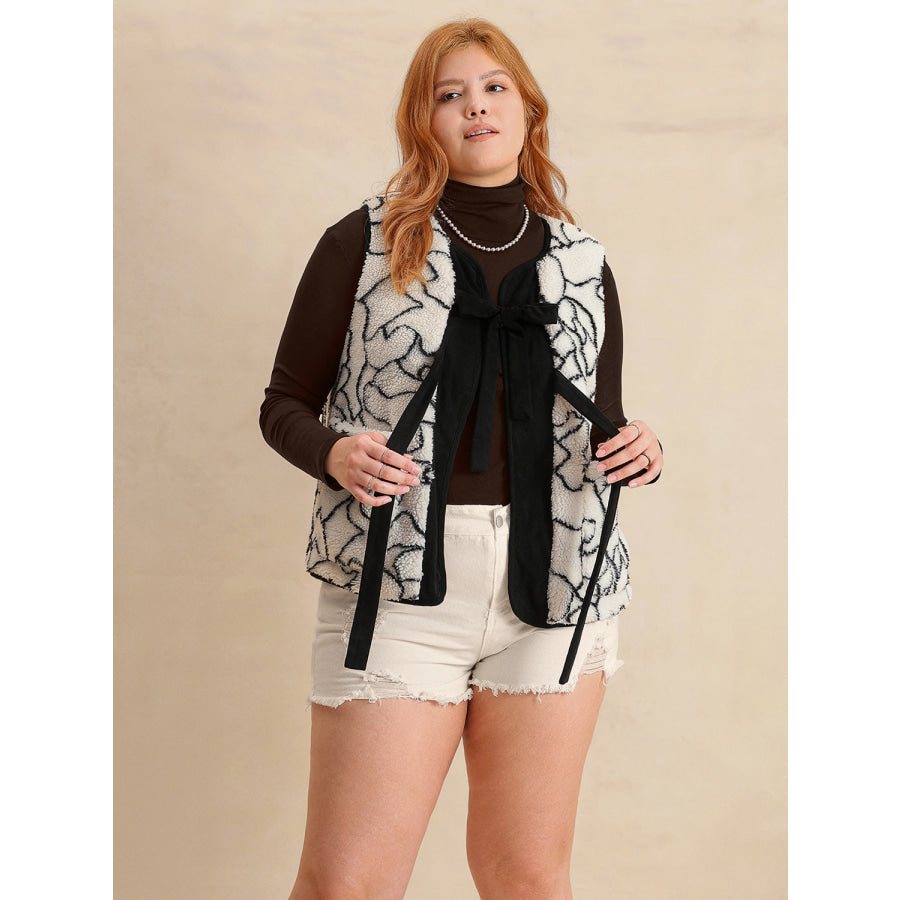 Plus Size Tied Sherpa Vest Coat with Pockets Black/White / 0XL Apparel and Accessories