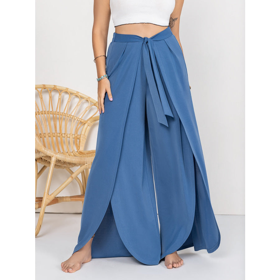 Plus Size Tied Slit Wide Leg Pants Dusty Blue / 0XL Apparel and Accessories