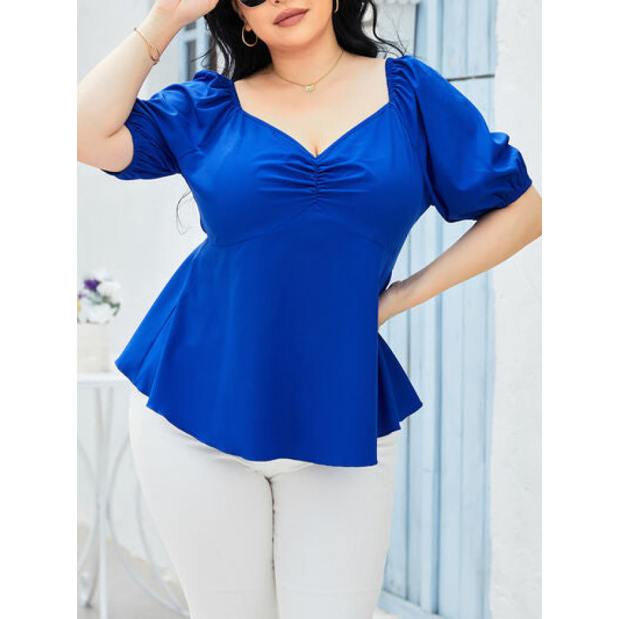 Plus Size Tied Sweetheart Neck Balloon Sleeve Blouse Apparel and Accessories