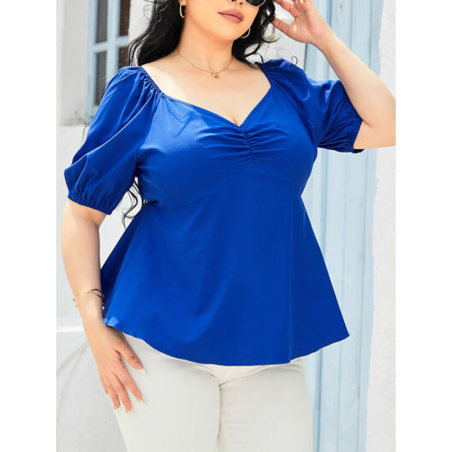 Plus Size Tied Sweetheart Neck Balloon Sleeve Blouse Apparel and Accessories