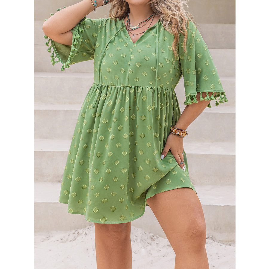 Plus Size Tied Tassel Half Sleeve Mini Dress Apparel and Accessories