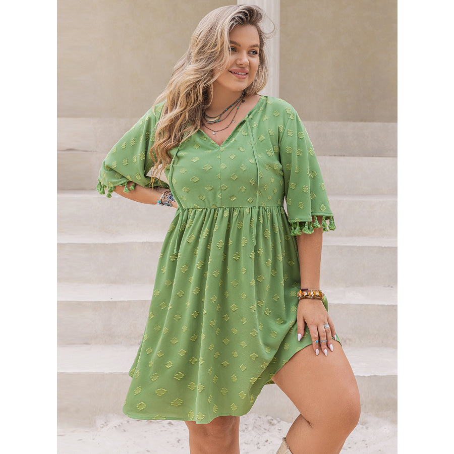 Plus Size Tied Tassel Half Sleeve Mini Dress Apparel and Accessories