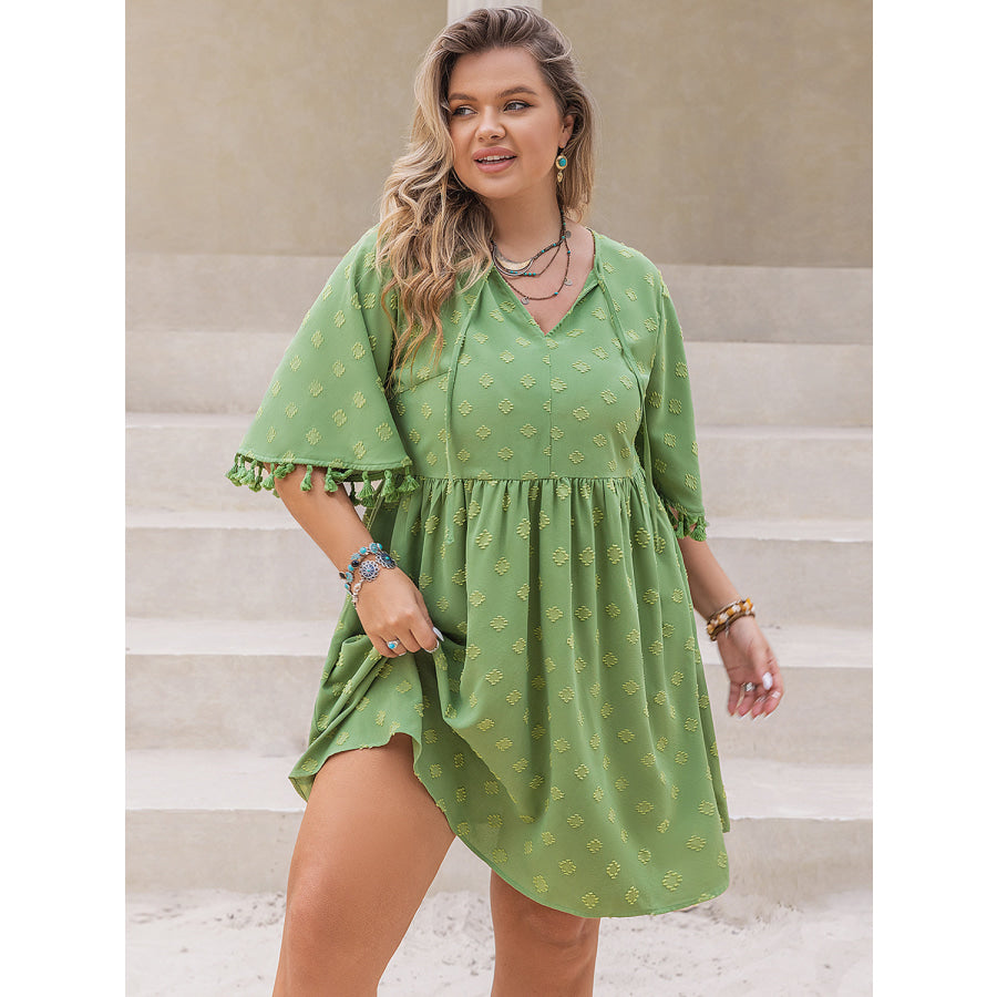 Plus Size Tied Tassel Half Sleeve Mini Dress Apparel and Accessories