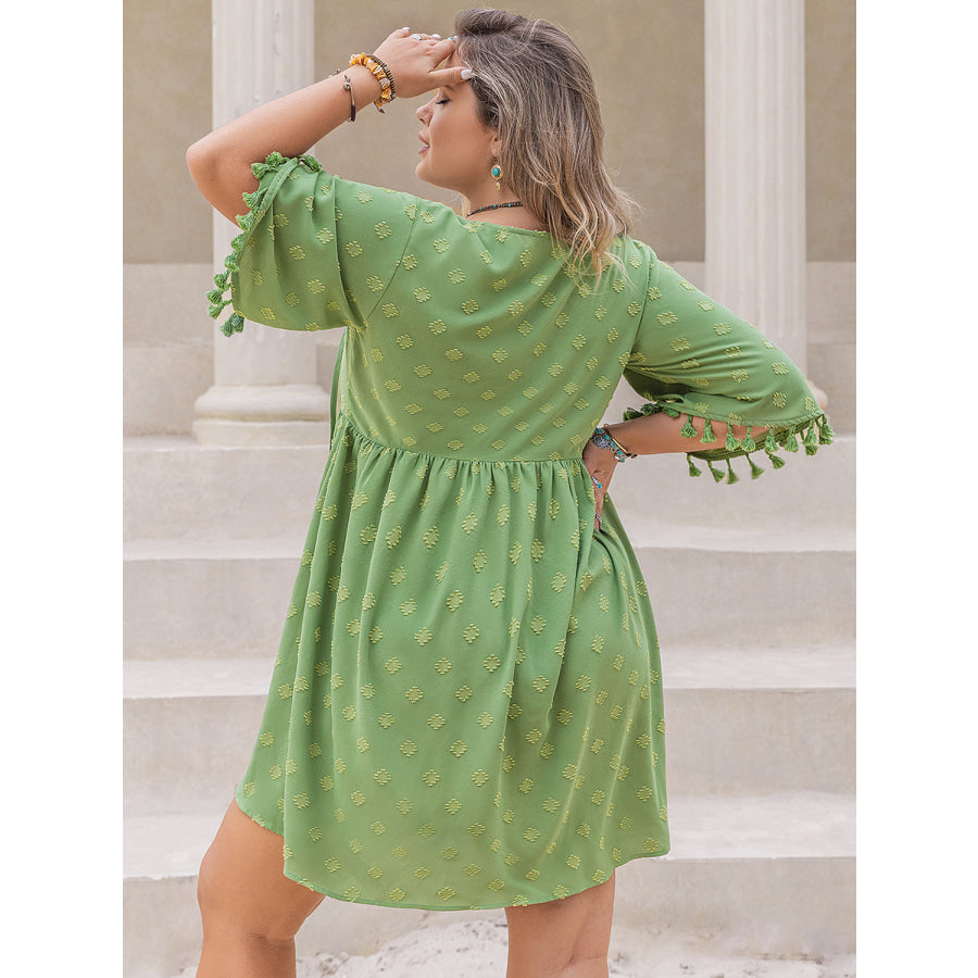 Plus Size Tied Tassel Half Sleeve Mini Dress Apparel and Accessories