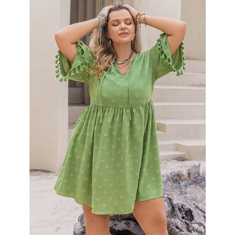 Plus Size Tied Tassel Half Sleeve Mini Dress Apparel and Accessories