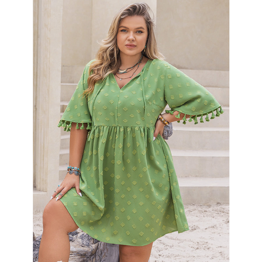 Plus Size Tied Tassel Half Sleeve Mini Dress Lime / 0XL Apparel and Accessories