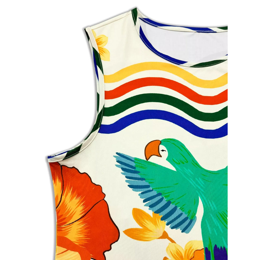 Plus Size Tropical Parrot Print Sleeveless Midi Dress Apparel and Accessories