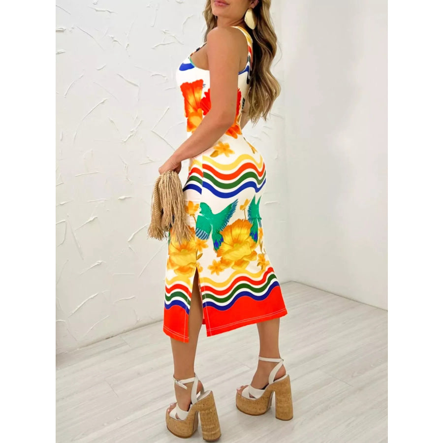 Plus Size Tropical Parrot Print Sleeveless Midi Dress Apparel and Accessories