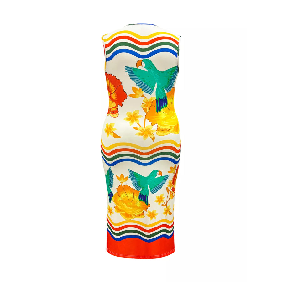 Plus Size Tropical Parrot Print Sleeveless Midi Dress Apparel and Accessories
