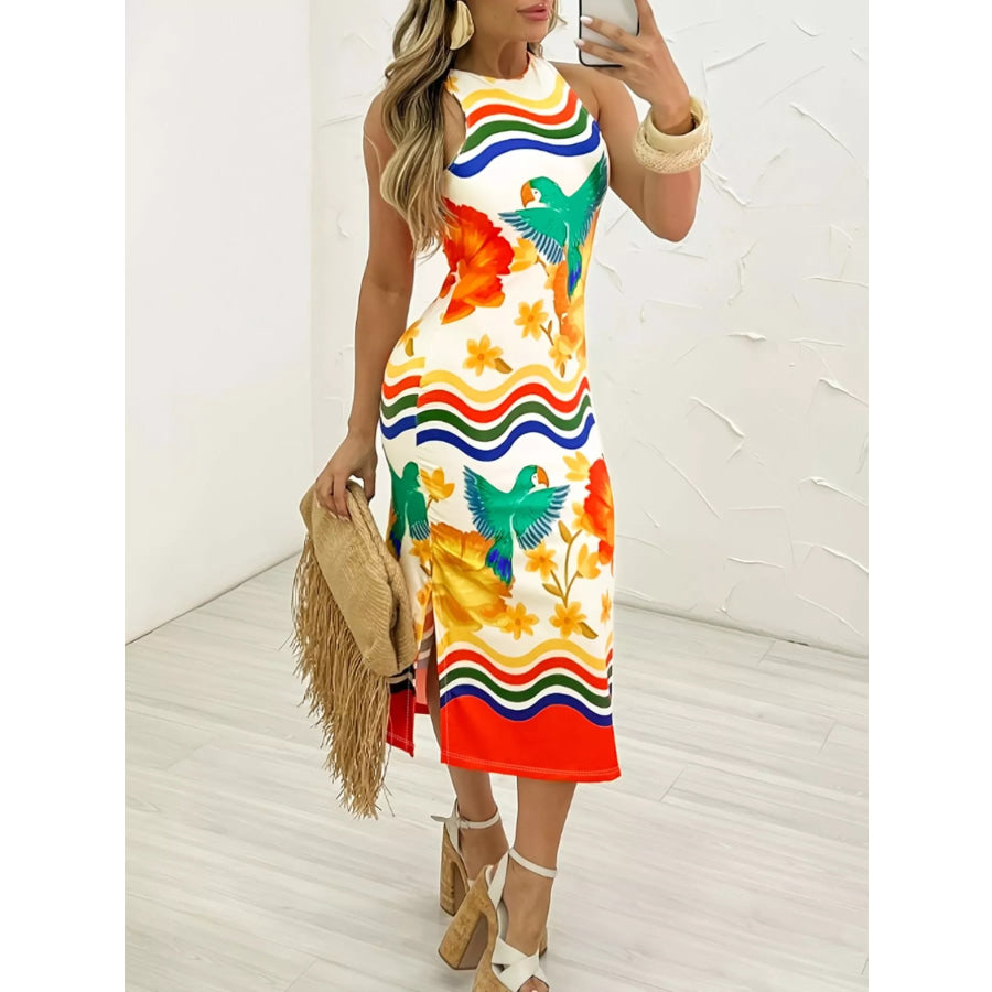 Plus Size Tropical Parrot Print Sleeveless Midi Dress Apparel and Accessories
