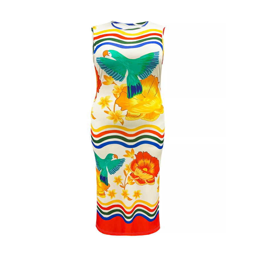 Plus Size Tropical Parrot Print Sleeveless Midi Dress Apparel and Accessories