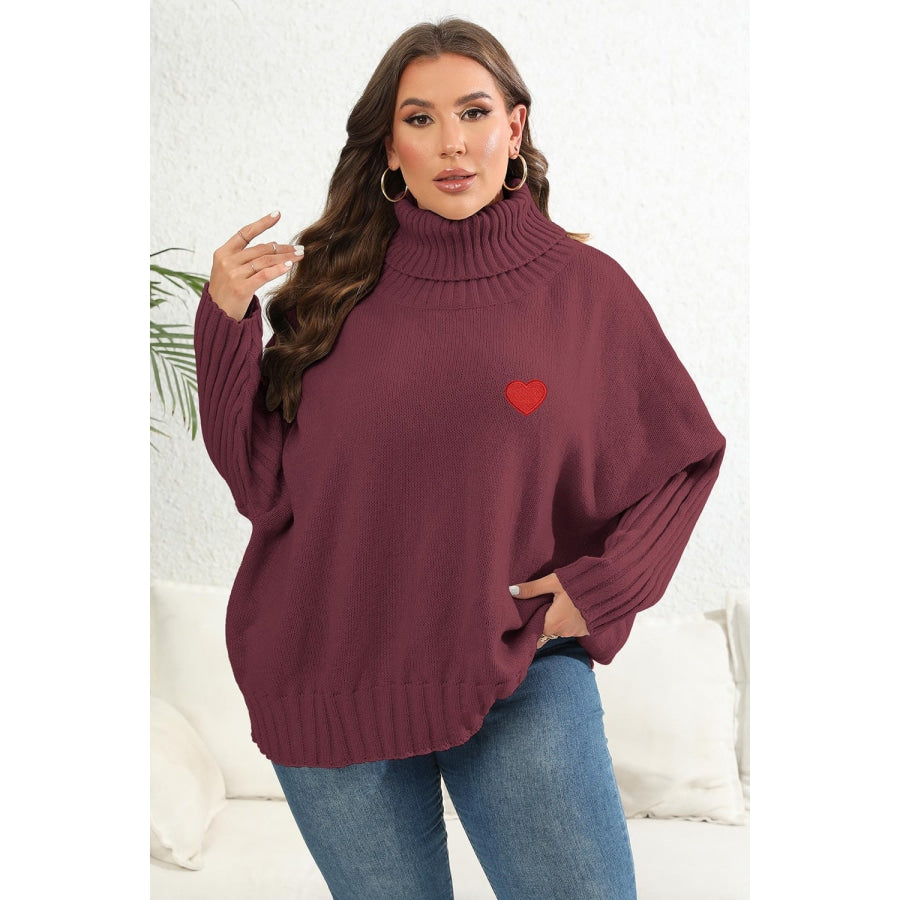 Plus Size Turtle Neck Long Sleeve Sweater Wine / 0XL