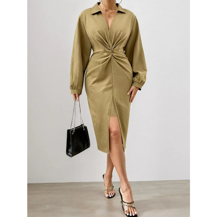 Plus Size Twist Front Split Midi Dress Taupe / 0XL Apparel and Accessories
