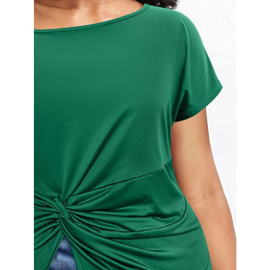 Plus Size Twisted Asymmetrical Neck Short Sleeve T-Shirt Dark Green / 1XL Apparel and Accessories