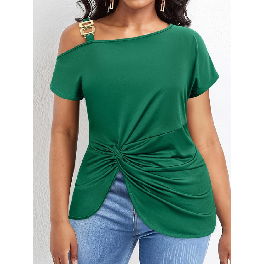 Plus Size Twisted Asymmetrical Neck Short Sleeve T-Shirt Dark Green / 1XL Apparel and Accessories