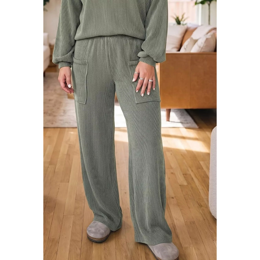 Plus Size Twisted Ribbed Exposed Seam Detail V Neck Top and Pants Set Apparel and Accessories