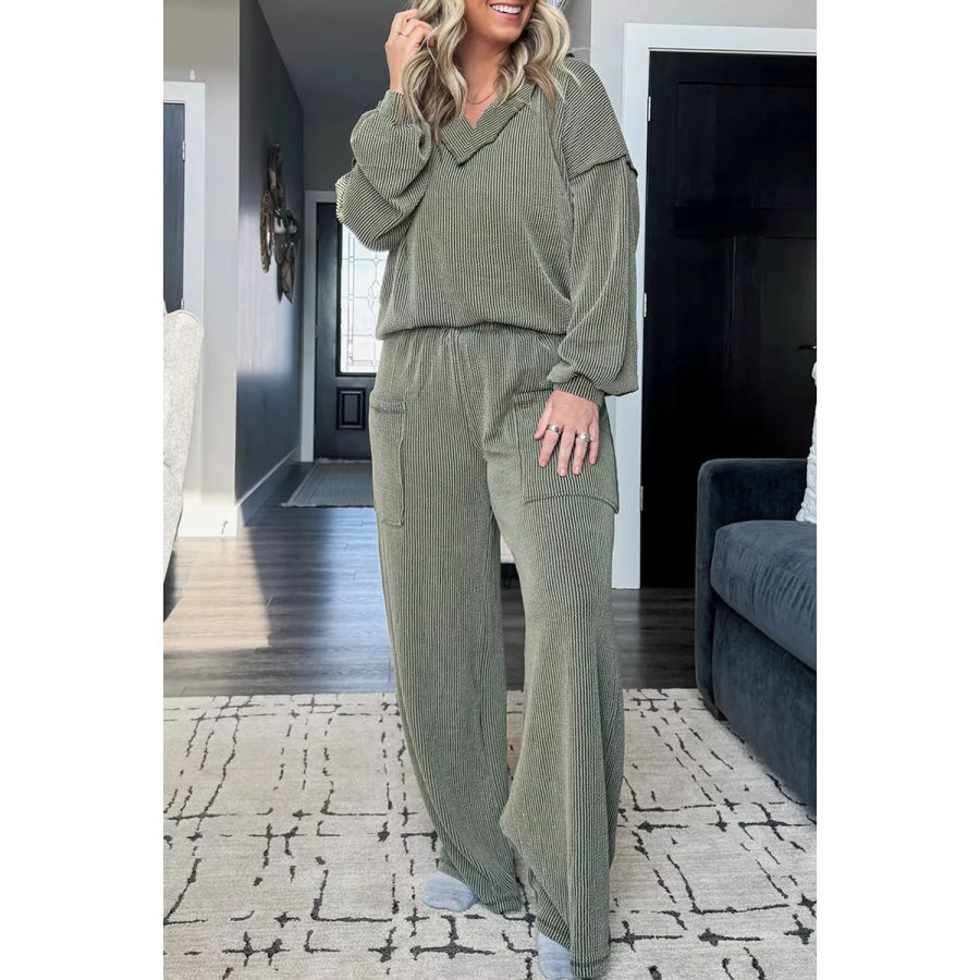 Plus Size Twisted Ribbed Exposed Seam Detail V Neck Top and Pants Set Apparel and Accessories