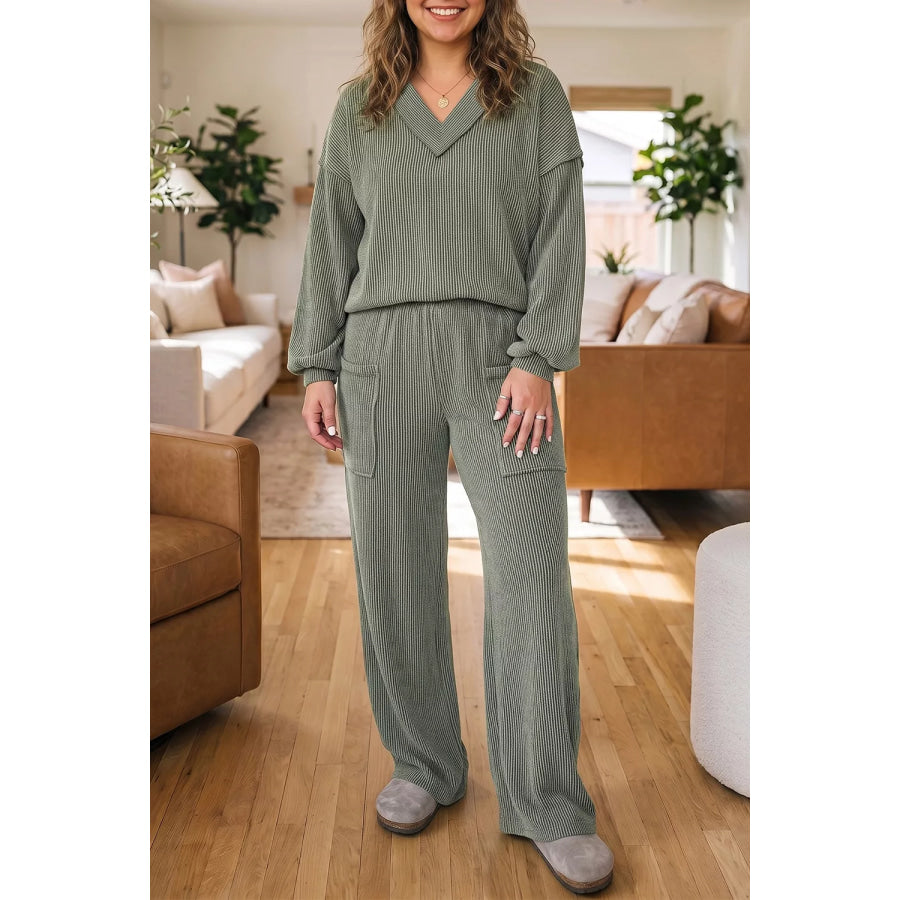 Plus Size Twisted Ribbed Exposed Seam Detail V Neck Top and Pants Set Sage / 1X Apparel and Accessories