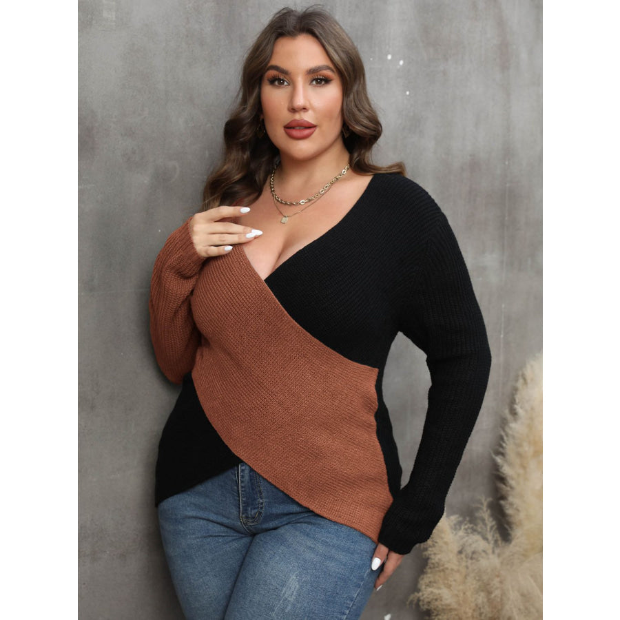 Plus Size Two-Tone Surplice Neck Sweater Apparel and Accessories