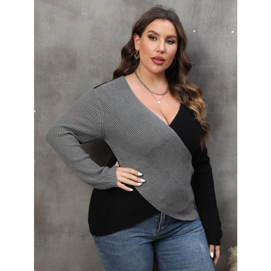 Plus Size Two-Tone Surplice Neck Sweater Apparel and Accessories