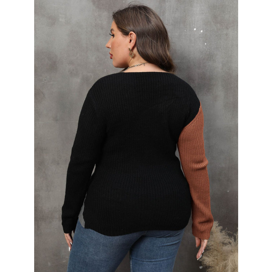 Plus Size Two-Tone Surplice Neck Sweater Apparel and Accessories