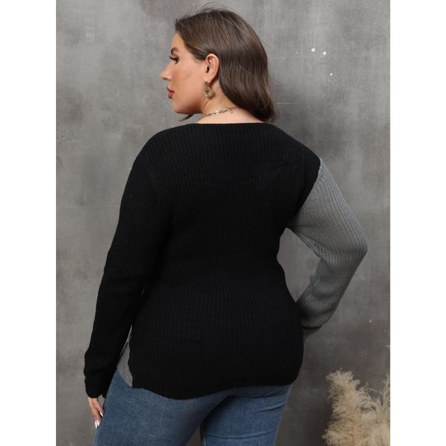 Plus Size Two-Tone Surplice Neck Sweater Apparel and Accessories