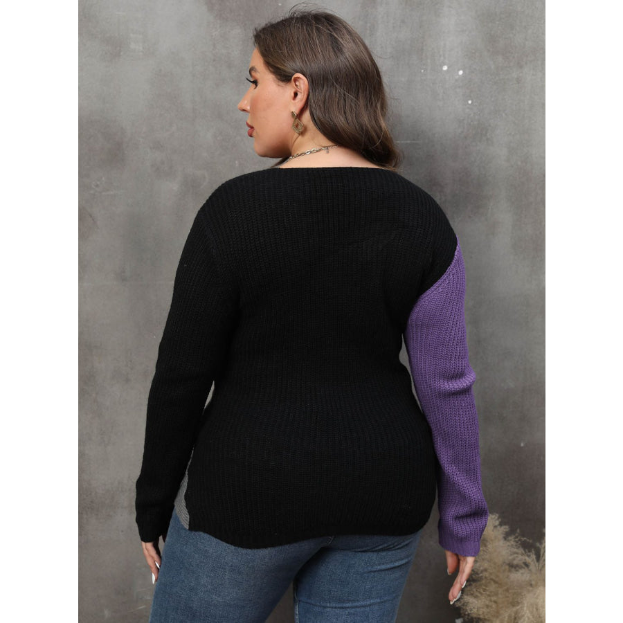 Plus Size Two-Tone Surplice Neck Sweater Apparel and Accessories
