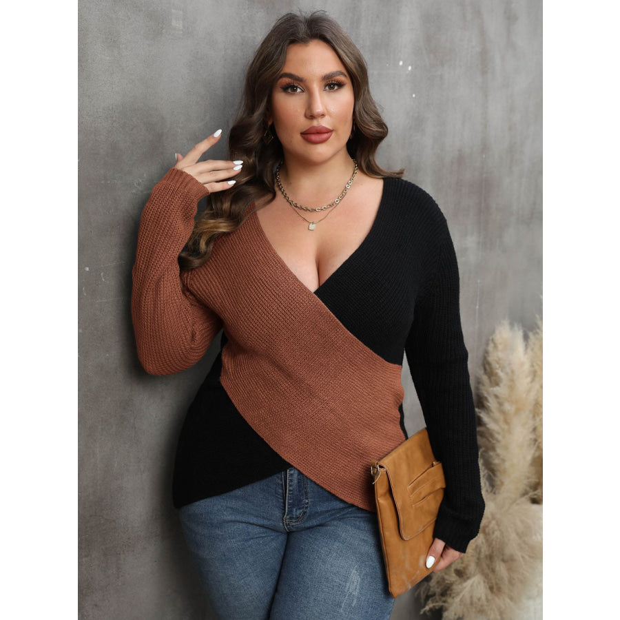 Plus Size Two-Tone Surplice Neck Sweater Caramel / 1XL Apparel and Accessories