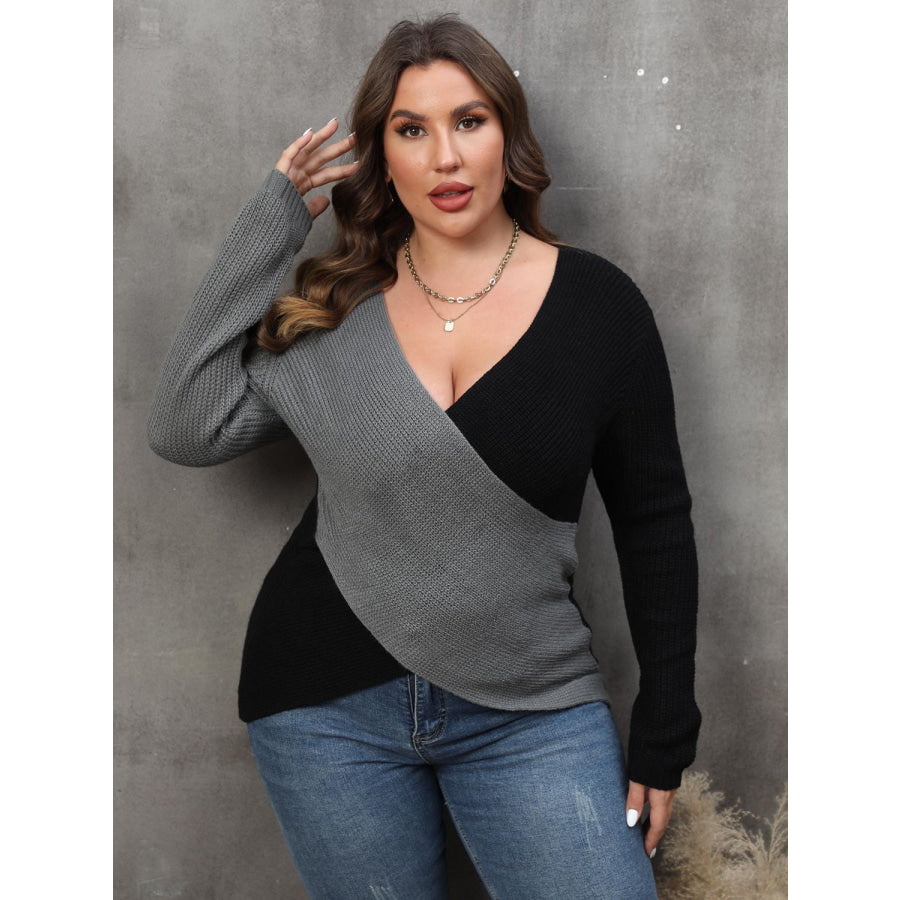 Plus Size Two-Tone Surplice Neck Sweater Dark Gray / 1XL Apparel and Accessories