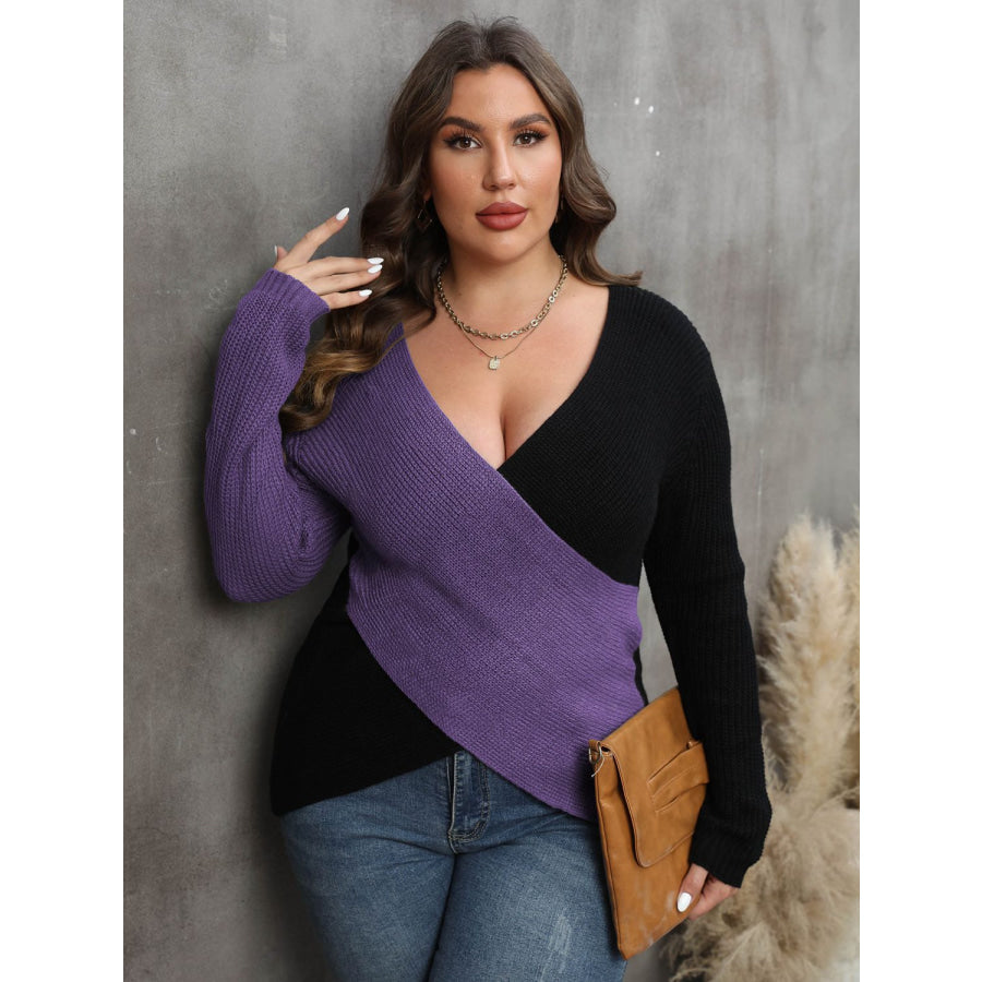 Plus Size Two-Tone Surplice Neck Sweater Violet / 1XL Apparel and Accessories