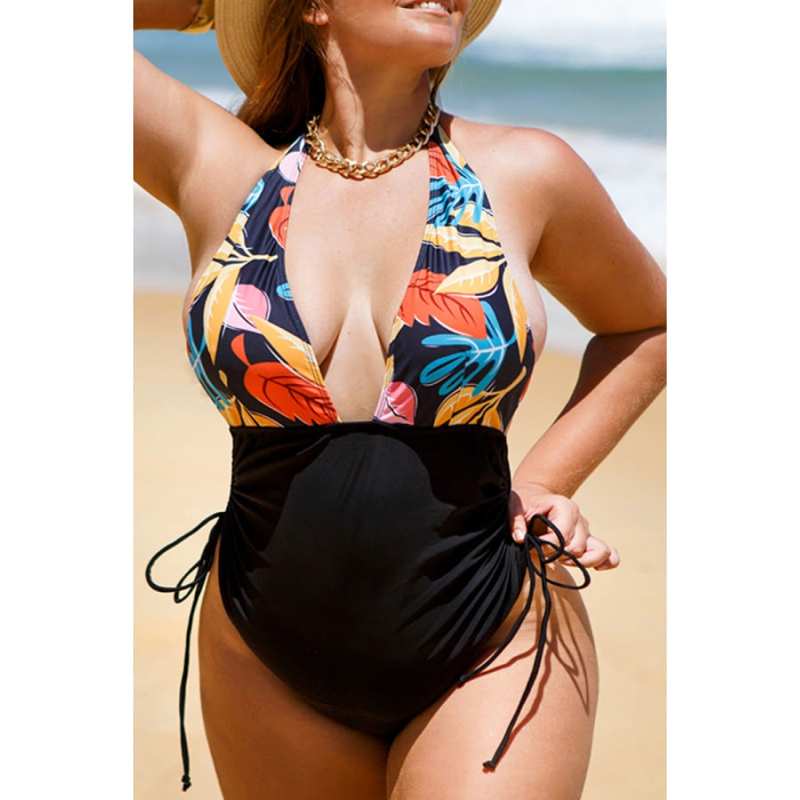 Plus Size Two-Tone Tied Halter Neck One-Piece Swimsuit Multicolor / X
