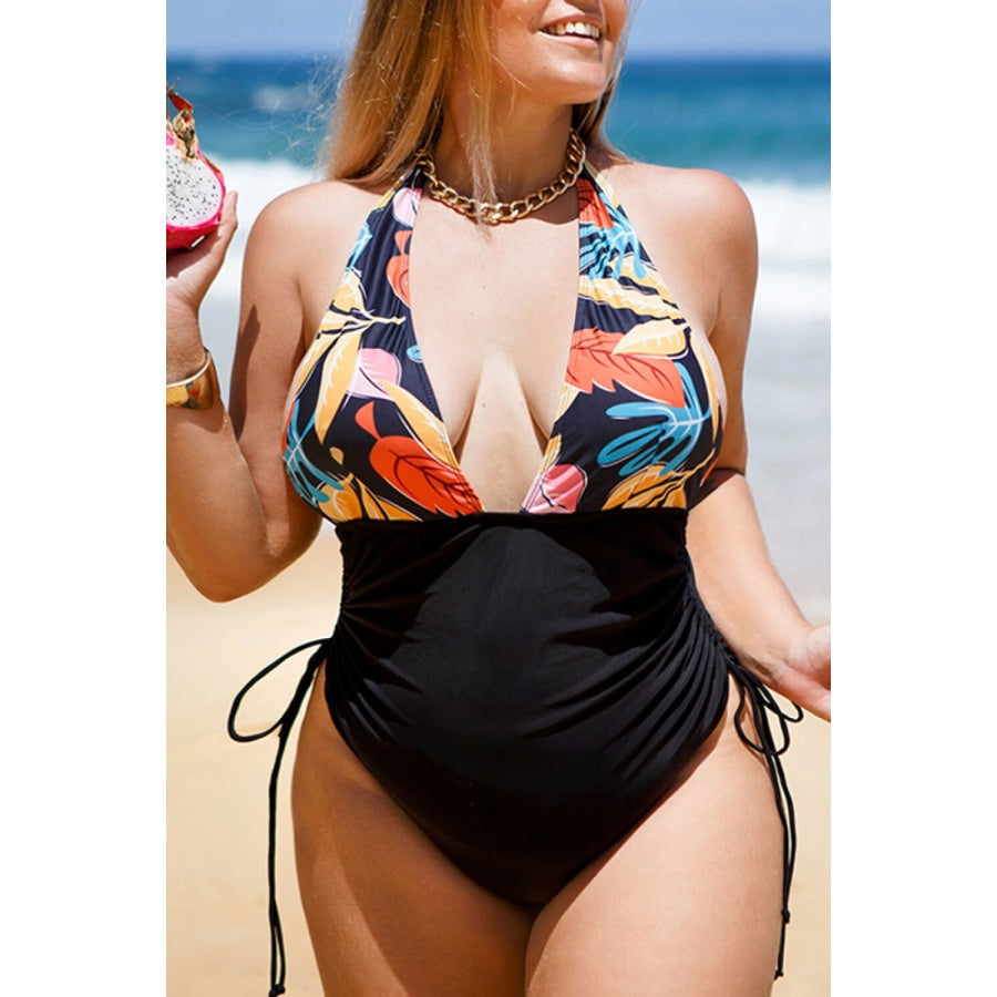 Plus Size Two-Tone Tied Halter Neck One-Piece Swimsuit