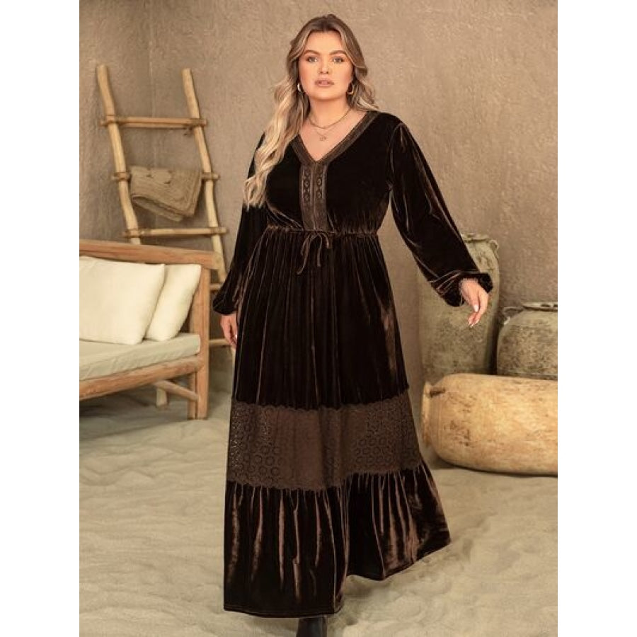 Plus Size V-Neck Balloon Sleeve Maxi Dress Chocolate / 0XL Clothing