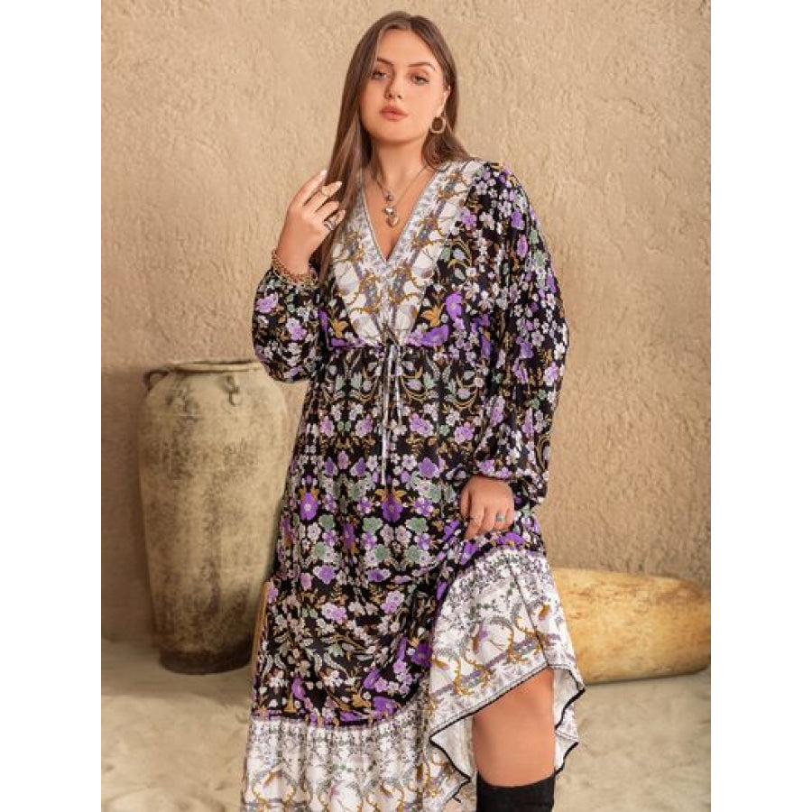 Plus Size V - Neck Balloon Sleeve Printed Midi Dress Clothing