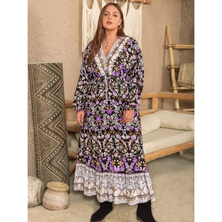 Plus Size V - Neck Balloon Sleeve Printed Midi Dress Lavender / 0XL Clothing