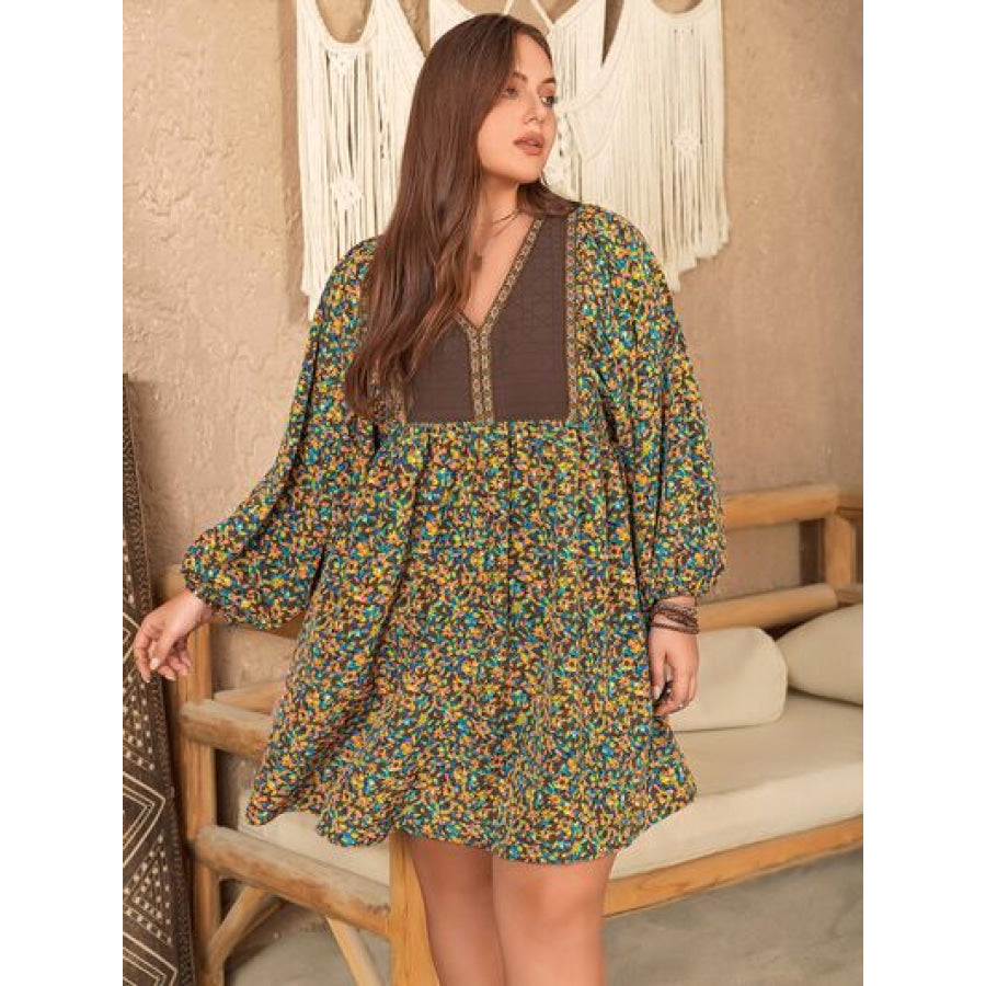 Plus Size V - Neck Balloon Sleeve Printed Mini Dress Chartreuse / 0XL Clothing