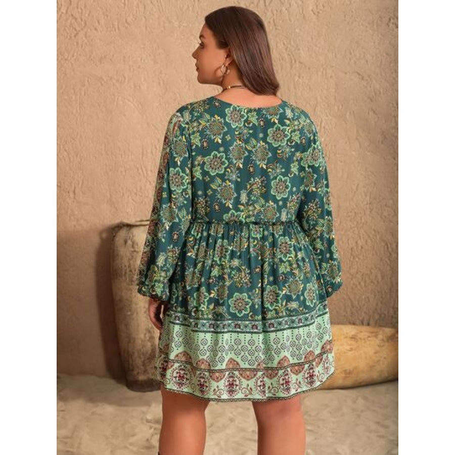 Plus Size V-Neck Balloon Sleeve Printed Mini Dress Mid Green / 0XL Clothing