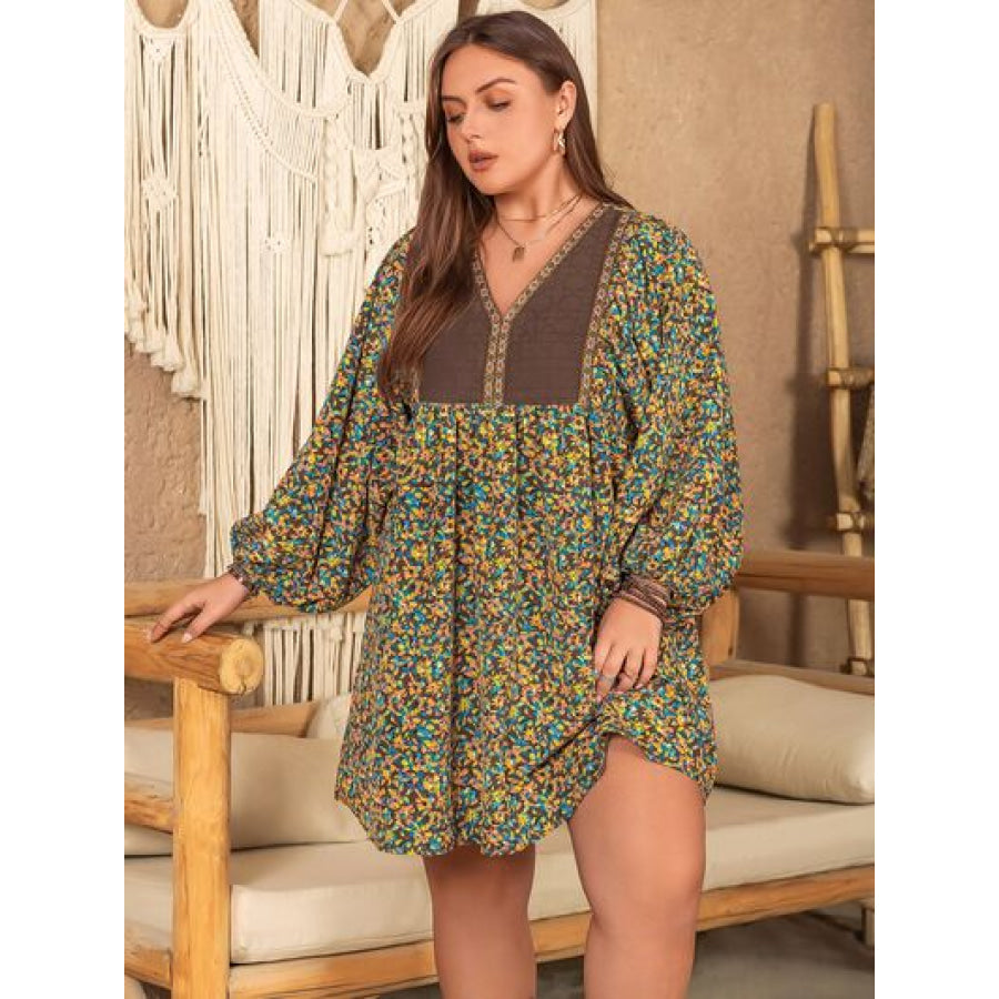 Plus Size V - Neck Balloon Sleeve Printed Mini Dress Clothing