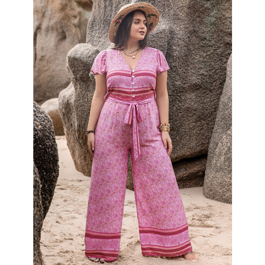 Plus Size V-Neck Cap Sleeve Wide Leg Jumpsuit Heliotrope Purple / 0XL Jumpsuits and Rompers