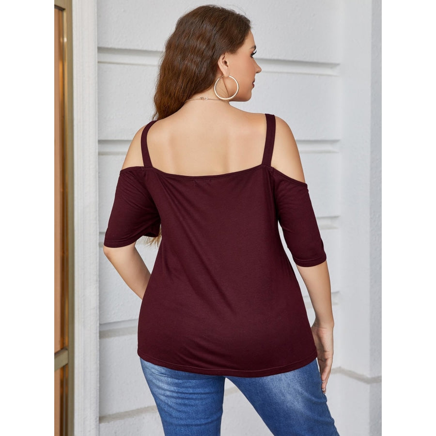 Plus Size V-Neck Cold-Shoulder Blouse Wine / 1XL