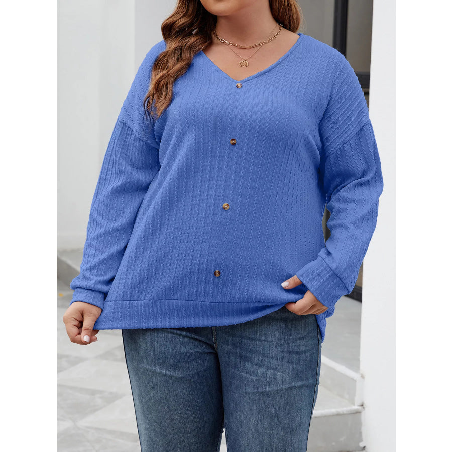 Plus Size V-Neck Dropped Shoulder Blouse Apparel and Accessories