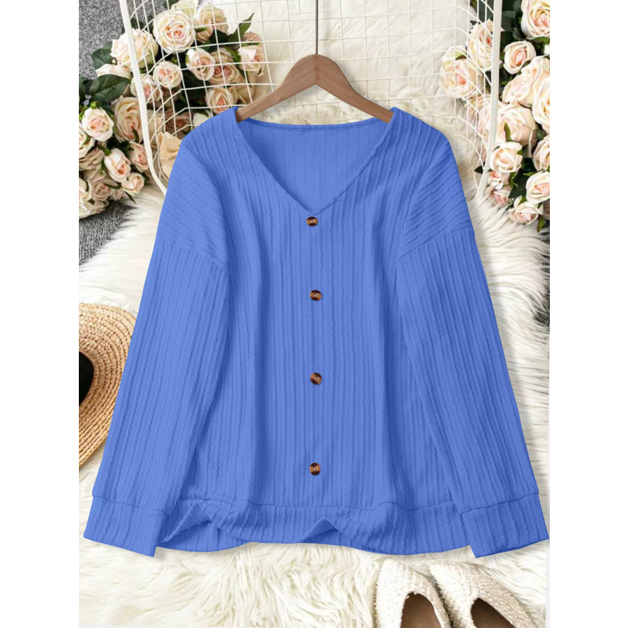 Plus Size V-Neck Dropped Shoulder Blouse Apparel and Accessories