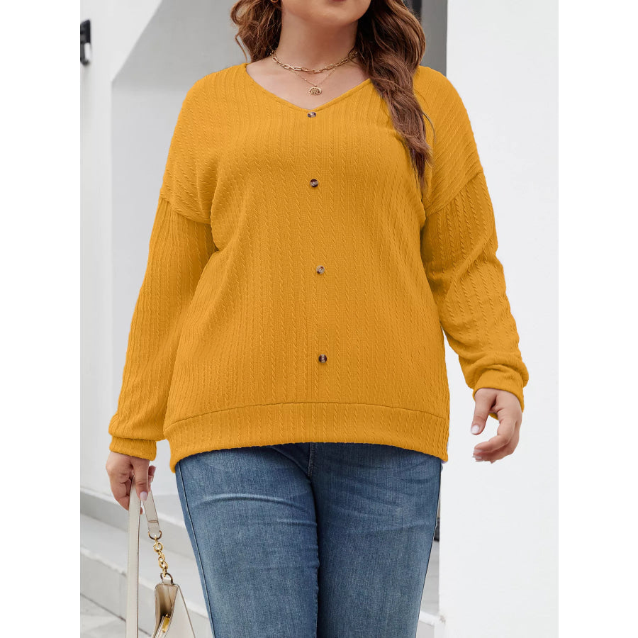 Plus Size V-Neck Dropped Shoulder Blouse Apparel and Accessories
